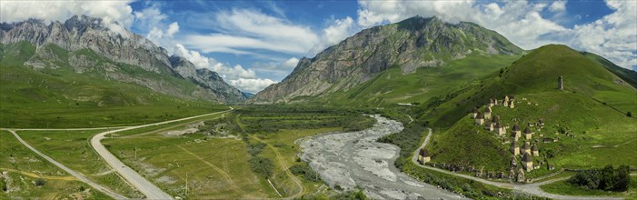 Aerial panorama of Dead Town Dargavs In North Ossetia. The ancient cemetery of the Alans. Many