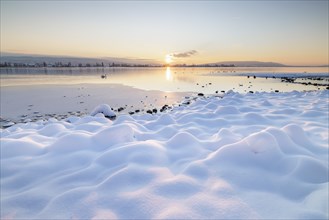 The wintery snow-covered lake with setting sun and peaceful atmosphere, Seegarten, Allensbach, Lake