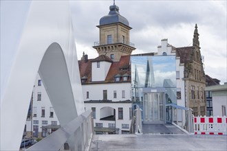 View from the station bridge to the lift and the old post office, main station neo-renaissance,