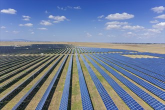 Aerial view of many panels of solar cells