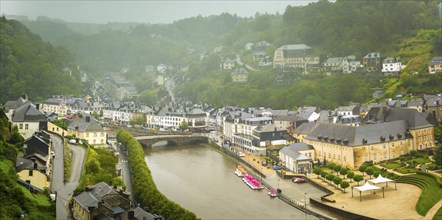 Bouillon, Belgium August 4th 2023: View on the city of Bouillon and river Semois on a rainy day