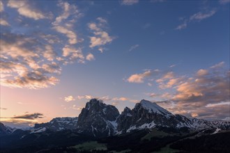 Panoramic view from the Seiser Alm to the Dolomites in Italy, drone shot