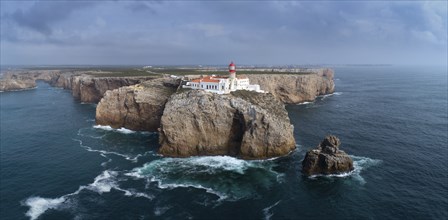 Aerial panorama view of the Lighthouse of Cabo Sao Vicente, Sagres, Portugal, Europe