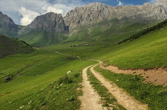 Beautiful summer landscape with country road in Caucasus Mountains, Republic of Ingushetia, Russia,