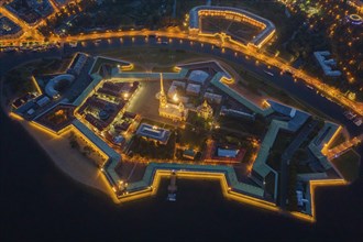 Aerial night view of Peter and Paul Fortress with cityscape, Saint-Petersburg, Russia, Europe