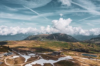 Panoramic view from the Seiser Alm to the Dolomites in Italy, drone shot