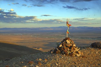 Landscape with sacred pass in Altai mountains at sunset