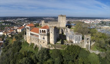 Aerial view on Medieval Templar Knights Castle built on top of a hill, Leiria, Portugal, Europe