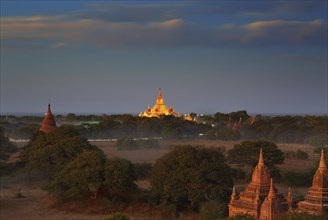 Landscape with illuminated Temples of Bagan in dusk after sunset, Myanmar (Burma)