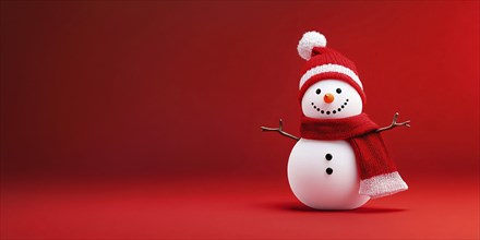 Cute snowman with knitted hat and scarf on red background with copy space. Generative AI, AI