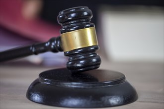 Symbolic image of a court hearing: close-up of a judge's gavel