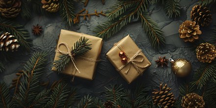 Top view of Christmas gift boxes wrapped in brown craft paper with berries and fir branches.