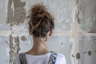 Young woman looking at old run down wall in need of renovation. Generative AI, AI generated