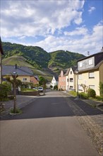 Brunnenstraße with houses and vineyards under a blue sky with white cumulus clouds in Bremm,