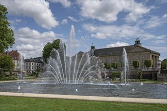 Large fountain in Luitpoldpark, behind the Luitpoldbad, Bad Kissingen, Lower Franconia, Bavaria,