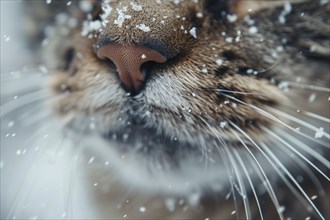 Close up of cat's nose covered in snowflakes. Generative Ai, AI generated