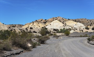 Dusty path through a dry, rocky desert landscape under a clear blue sky, Tabernas Desert, Desierto