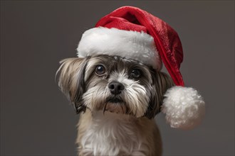 Cute dog with red santa hat in front of dark studio background. Generative Ai, AI generated