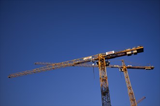 Cranes, Züblin construction cranes, construction site, logo, sky, blue, Stuttgart,