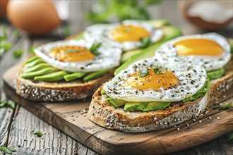 Slices of bread with avocado and fried egg. Generative AI, AI generated