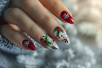 Woman's fingernails with red, green and white colored nail polish with seasonal Christmas design.