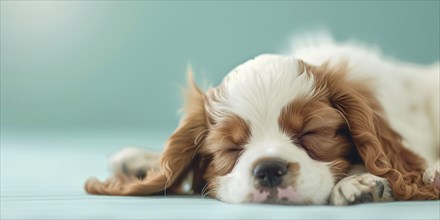 Cute dog puppy sleeping on teal blue studio background. Generative AI, AI generated