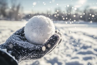 Hand in black knitted glove holding snowball with winter landscape in background. Generative Ai, AI