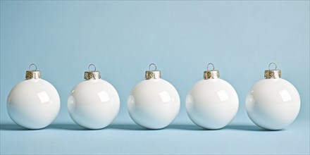 White Christmas tree baubles in a row on pastel blue background. Generative AI, AI generated