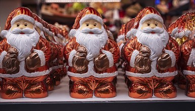 Symbol image for chocolate Santas wrapped in aluminium foil, cheerful looking Santas lined up on a