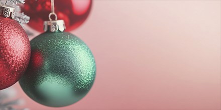 Christmas banner with green and red bauble ornaments on pink background with copy space. Generative