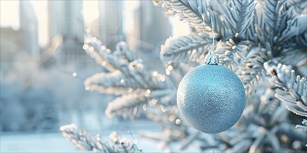 Christmas banner with single blue bauble ornament with snow covered tree and blurry city in