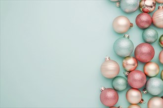 Christmas flatlay with blue and pink colored tree baubles on pastel background with copy space.