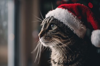 Portrait of cat with red santa hat. Generative Ai, AI generated