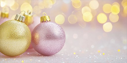 Christmas banner with pink and yellow bauble ornaments on pink background with copy space.