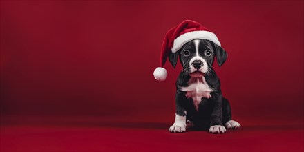 Banner with cute dog puppy with santa hat in front of red background with copy space. Generative