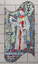 Modern mosaic picture of Paracelsus on the facade of a pharmacy, Bad Kissingen, Lower Franconia