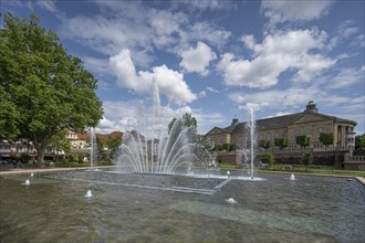 Large fountain in Luitpoldpark, behind the Luitpoldbad, Bad Kissingen, Lower Franconia, Bavaria,