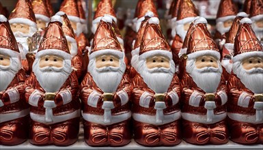 Symbol image for chocolate Santas wrapped in aluminium foil, cheerful looking Santas lined up on a