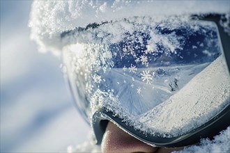 Close up of person's face with large skiing sunglasses with snow in winter. Generative Ai, AI