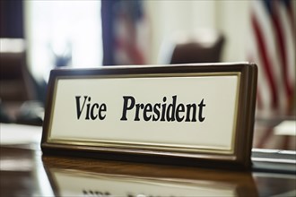 Desk sign with text 'Vice President' on desk in office. Generative Ai, AI generated