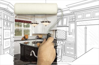 Before and after of man painting roller to reveal custom kitchen photograph under pencil sketch