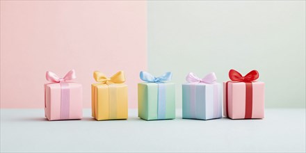 Top view of small gift boxes on pastel pink and green background. Generative Ai, AI generated