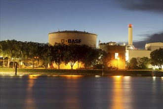 Evening shot of BASF in Ludwigshafen with the Rhine in the foreground