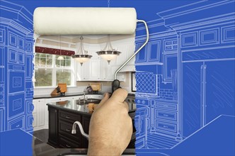 Before and after of man painting roller to reveal custom kitchen photograph under blueprint sketch