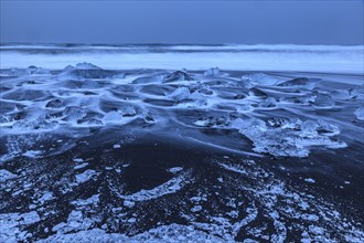 Ice floes, beach, sea, waves, cloudy, snow, Diamond Beach, Breidamerkursandur, Jökulsarlon,