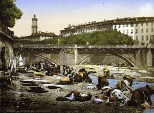 Washerwomen, washing clothes in the river, Nice, Riviera, France, around 1895, Historical,