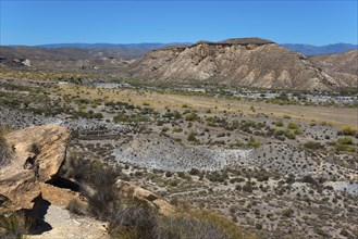 Extensive desert landscape with mountains and dry vegetation under a bright blue sky, Llano de