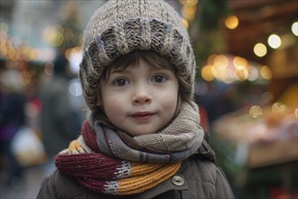 Oung boy child with winter clothes with knitted hat at christmas market. Generative Ai, AI