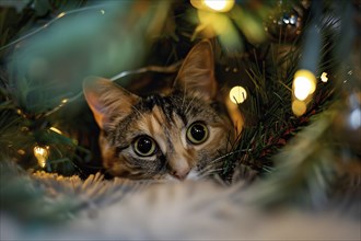 Cat between branches of traditional Christmas tree with electric light chain. Generative Ai, AI