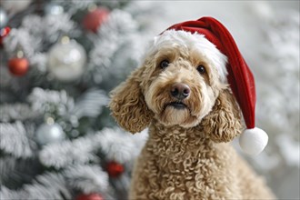 Cute Poodle dog with red santa hat in front of christmas tree. Generative Ai, AI generated